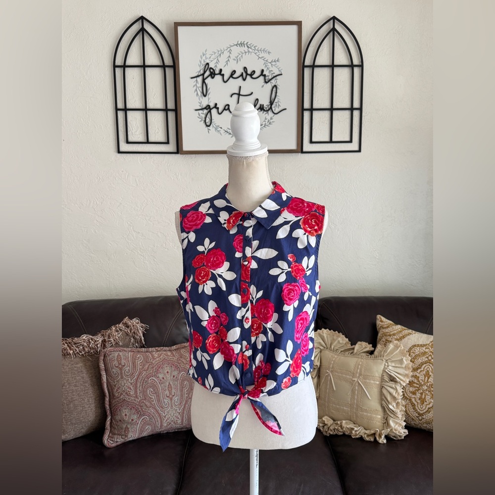 Modcloth Floral Tie-Front Tank Top - Navy and Red